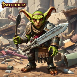 A full-body illustration of a goblin inventor character from Pathfinder 2E, set in a vibrant fantasy medieval world