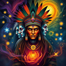 A mystical multi-faced shaman surrounded by vibrant, swirling energies and nature elements