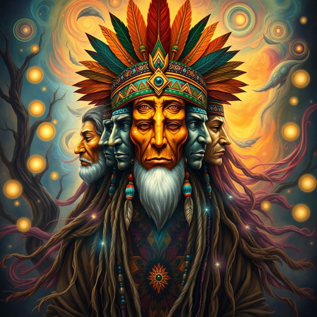 A mystical multi-faced shaman surrounded by vibrant, swirling energies and nature elements