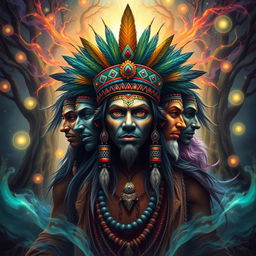 A mystical multi-faced shaman surrounded by vibrant, swirling energies and nature elements