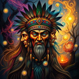 A mystical multi-faced shaman surrounded by vibrant, swirling energies and nature elements