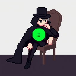 A character in a pixel art style, dressed in an elegant black outfit with a cloak and a top hat, sitting on a chair in a thoughtful pose
