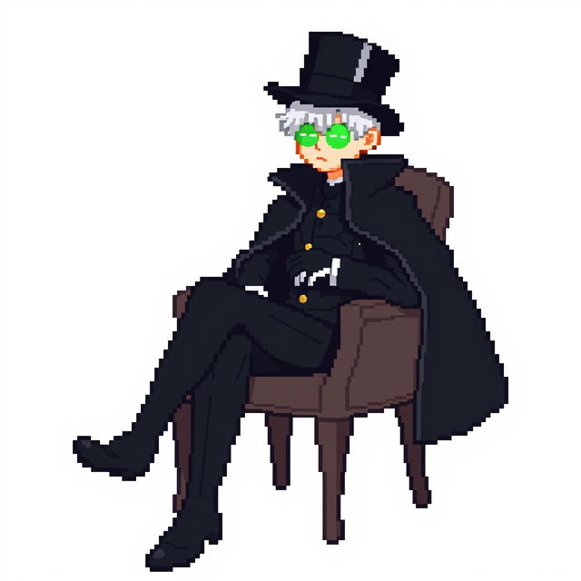 A character in a pixel art style, dressed in an elegant black outfit with a cloak and a top hat, sitting on a chair in a thoughtful pose