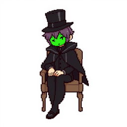 A character in a pixel art style, dressed in an elegant black outfit with a cloak and a top hat, sitting on a chair in a thoughtful pose