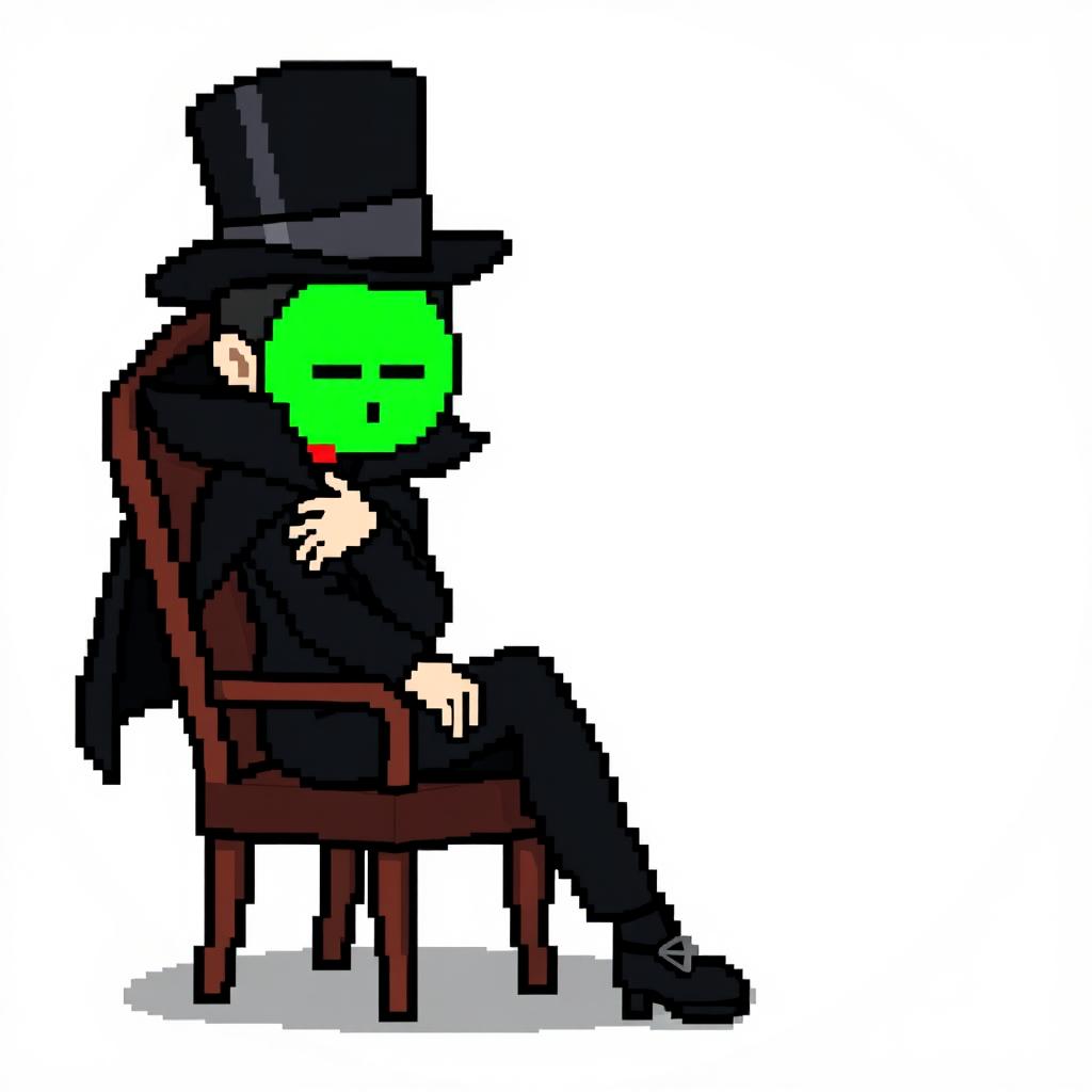 A character in a pixel art style, dressed in an elegant black outfit with a cloak and a top hat, sitting on a chair in a thoughtful pose