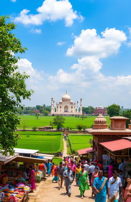 A vibrant landscape of India featuring lush green fields, traditional architecture, and busy markets