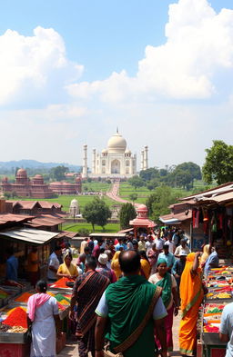 A vibrant landscape of India featuring lush green fields, traditional architecture, and busy markets