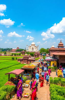 A vibrant landscape of India featuring lush green fields, traditional architecture, and busy markets