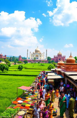 A vibrant landscape of India featuring lush green fields, traditional architecture, and busy markets