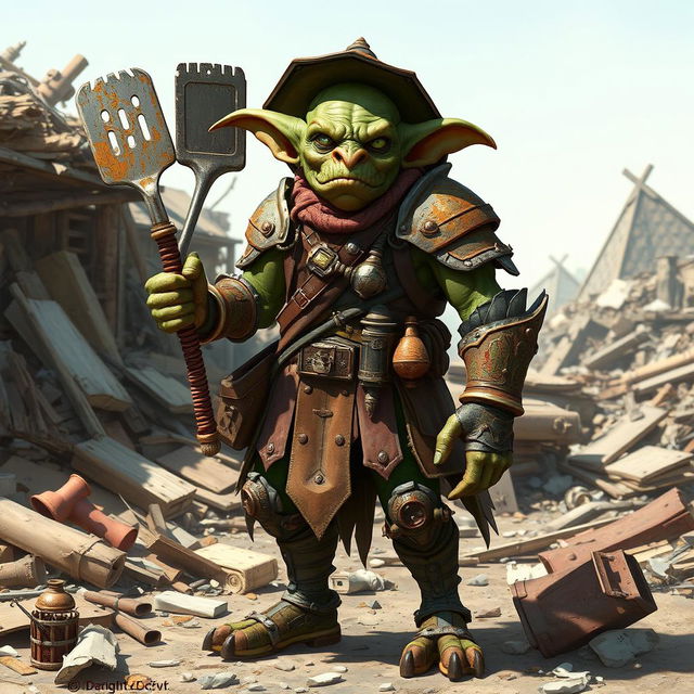 A full-body illustration of a goblin inventor character from Pathfinder 2E, depicted in a detailed fantasy medieval style