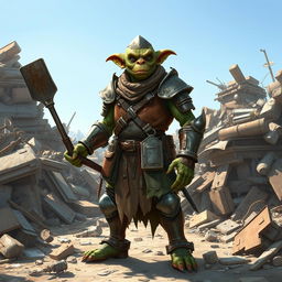 A full-body illustration of a goblin inventor character from Pathfinder 2E, depicted in a detailed fantasy medieval style