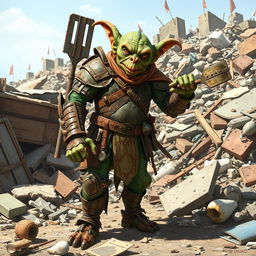 A full-body illustration of a goblin inventor character from Pathfinder 2E, depicted in a detailed fantasy medieval style