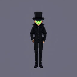 A character in a pixel art style, dressed in an elegant black outfit with a cloak and a top hat