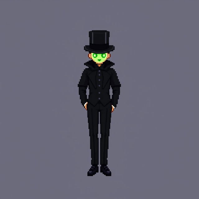 A character in a pixel art style, dressed in an elegant black outfit with a cloak and a top hat