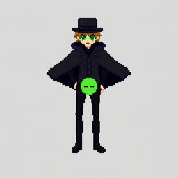 A character in a pixel art style, dressed in an elegant black outfit with a cloak and a top hat