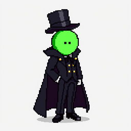 A character in a pixel art style, dressed in an elegant black outfit with a cloak and a top hat