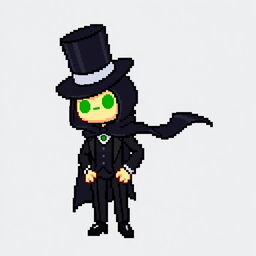 A character in a pixel art style, dressed in an elegant black outfit with a cloak and a top hat