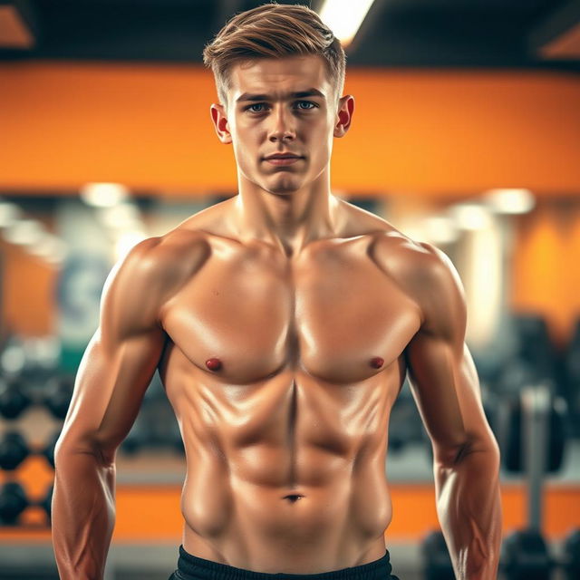 A sweaty teenager with a well-defined six-pack abdominal muscles, showcasing fitness and vitality