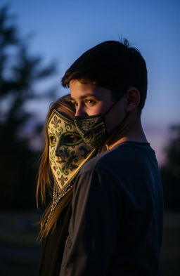 A mysterious scene featuring a boy and a girl standing side by side