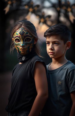 A mysterious scene featuring a boy and a girl standing side by side