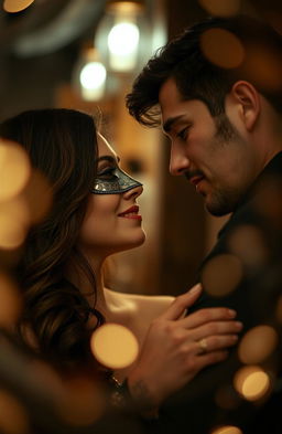 A romantic scene featuring a man and a woman deeply in love, with the woman wearing an elegant mask that obscures part of her identity, adding an air of mystery