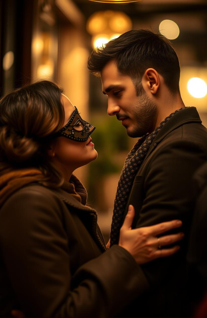 A romantic scene featuring a man and a woman deeply in love, with the woman wearing an elegant mask that obscures part of her identity, adding an air of mystery