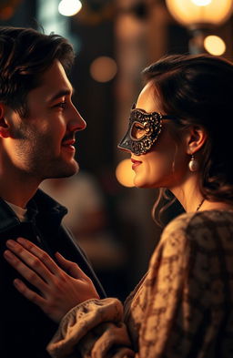 A romantic scene featuring a man and a woman deeply in love, with the woman wearing an elegant mask that obscures part of her identity, adding an air of mystery