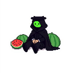 A character in a pixel art style, dressed in an elegant black outfit with a cloak and a top hat, sitting next to watermelons