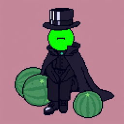 A character in a pixel art style, dressed in an elegant black outfit with a cloak and a top hat, sitting next to watermelons