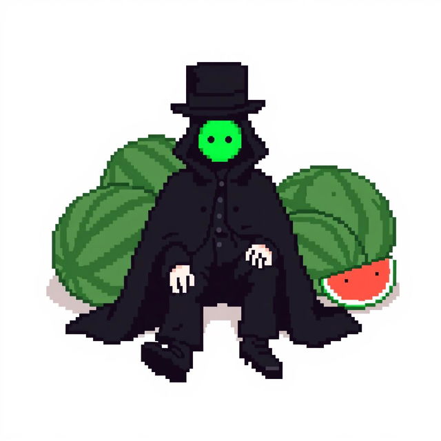 A character in a pixel art style, dressed in an elegant black outfit with a cloak and a top hat, sitting next to watermelons