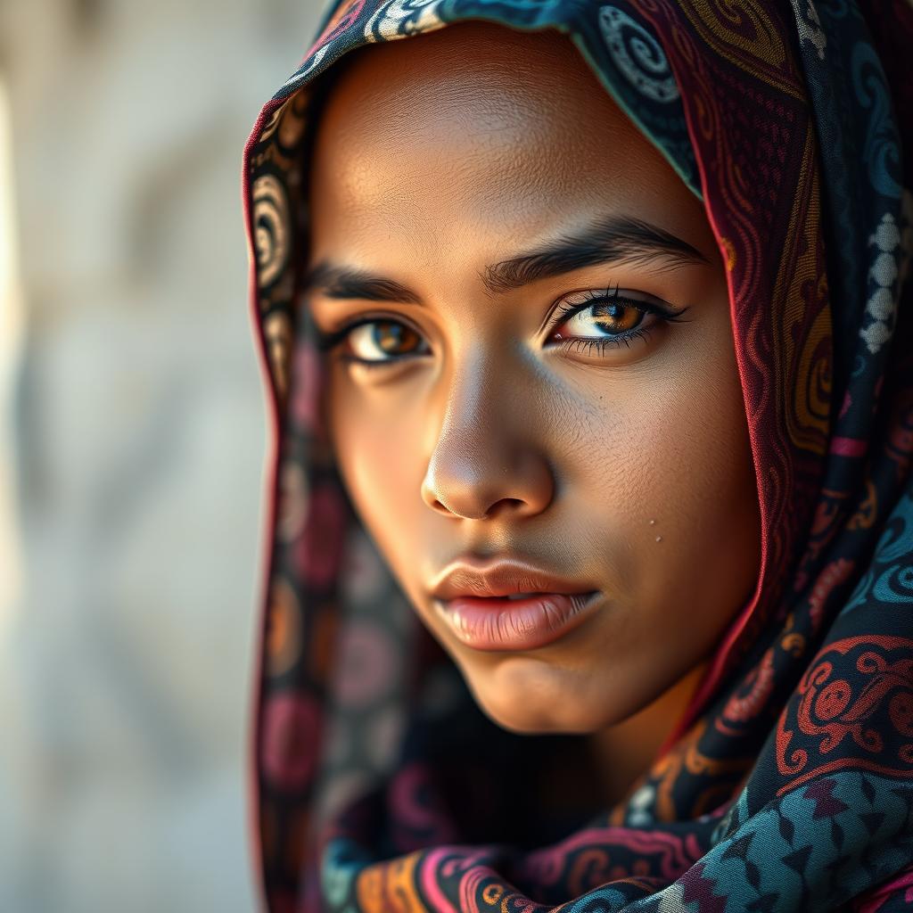 A striking portrait of a young woman wearing a colorful hijab, featuring intricate patterns and textures, with an expressive look on her face