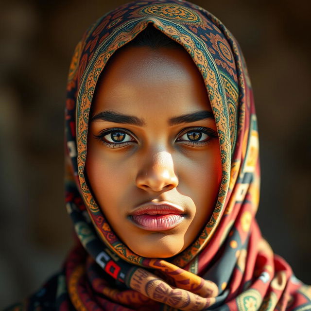 A striking portrait of a young woman wearing a colorful hijab, featuring intricate patterns and textures, with an expressive look on her face