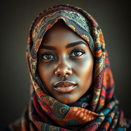 A striking portrait of a young woman wearing a colorful hijab, featuring intricate patterns and textures, with an expressive look on her face