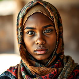 A striking portrait of a young woman wearing a colorful hijab, featuring intricate patterns and textures, with an expressive look on her face