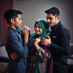 A dynamic scene featuring two young men and a woman wearing a vibrant hijab, all in a passionate embrace