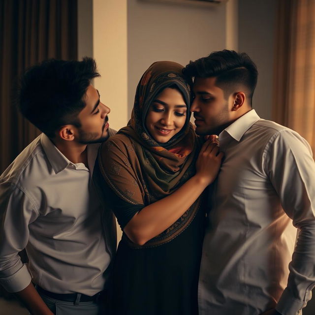 A dynamic scene featuring two young men and a woman wearing a vibrant hijab, all in a passionate embrace