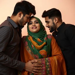 A dynamic scene featuring two young men and a woman wearing a vibrant hijab, all in a passionate embrace