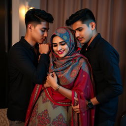 A dynamic scene featuring two young men and a woman wearing a vibrant hijab, all in a passionate embrace