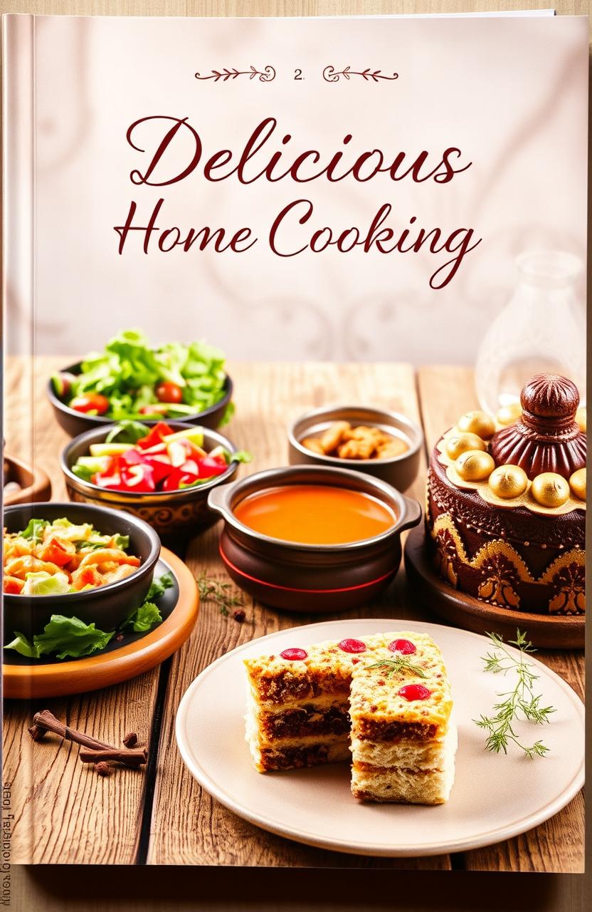 A beautifully designed cookbook cover featuring a rustic wooden table filled with an array of freshly prepared dishes, including a vibrant salad, a steaming bowl of soup, and an ornate cake with colorful frosting