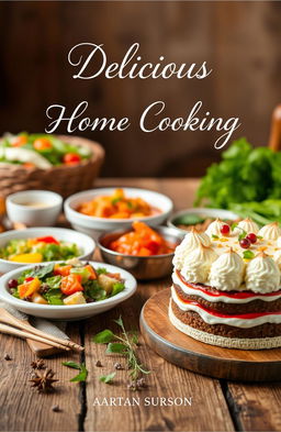 A beautifully designed cookbook cover featuring a rustic wooden table filled with an array of freshly prepared dishes, including a vibrant salad, a steaming bowl of soup, and an ornate cake with colorful frosting