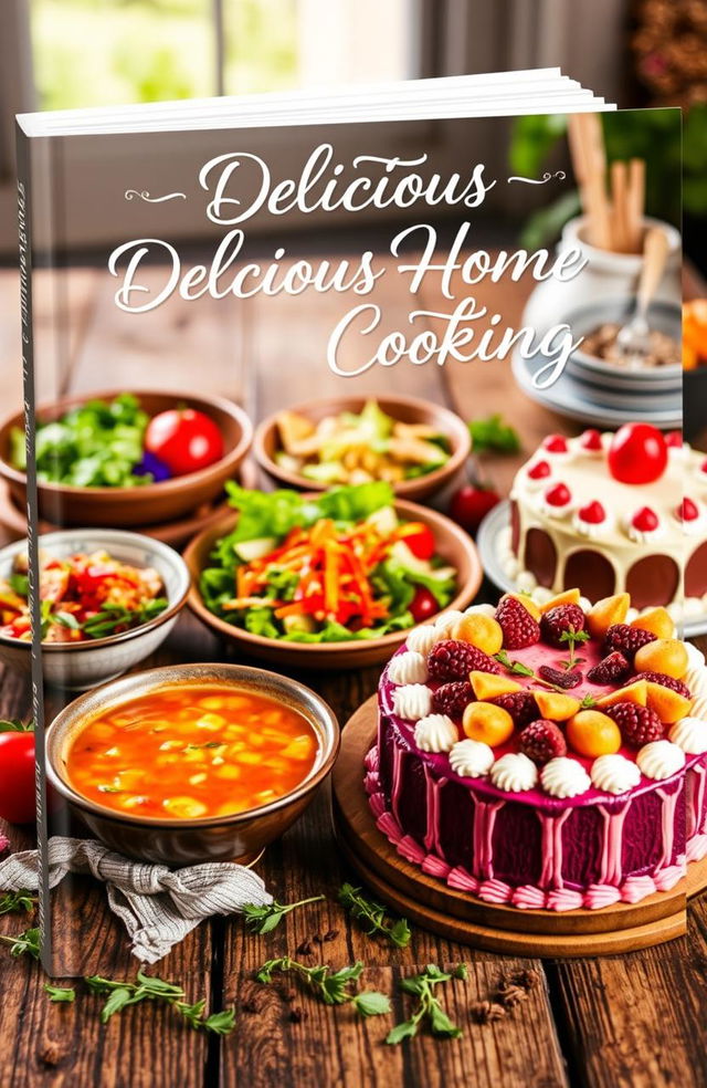 A beautifully designed cookbook cover featuring a rustic wooden table filled with an array of freshly prepared dishes, including a vibrant salad, a steaming bowl of soup, and an ornate cake with colorful frosting