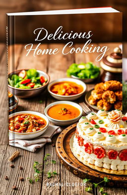 A beautifully designed cookbook cover featuring a rustic wooden table filled with an array of freshly prepared dishes, including a vibrant salad, a steaming bowl of soup, and an ornate cake with colorful frosting