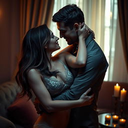 An artistic representation of sensual intimacy between two adults in an elegant and romantic setting