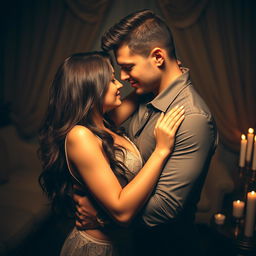 An artistic representation of sensual intimacy between two adults in an elegant and romantic setting