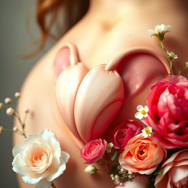 A detailed and artistic representation of female anatomy focusing on the beauty and complexity of the vulva