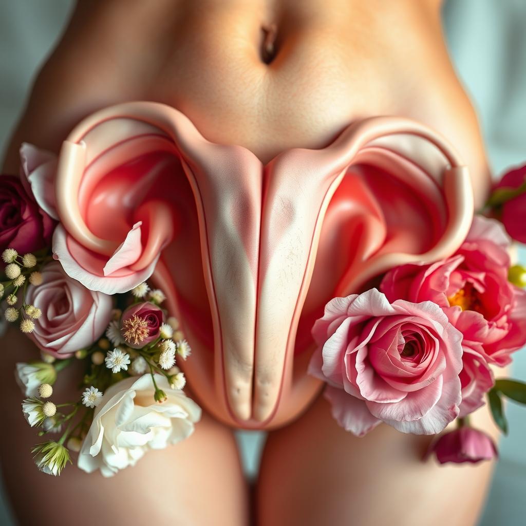 A detailed and artistic representation of female anatomy focusing on the beauty and complexity of the vulva