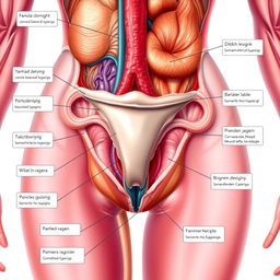 A highly detailed anatomical illustration of a female reproductive system, highlighting the vagina and surrounding organs with educational labels