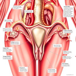 A highly detailed anatomical illustration of a female reproductive system, highlighting the vagina and surrounding organs with educational labels