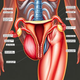 A highly detailed anatomical illustration of a female reproductive system, highlighting the vagina and surrounding organs with educational labels