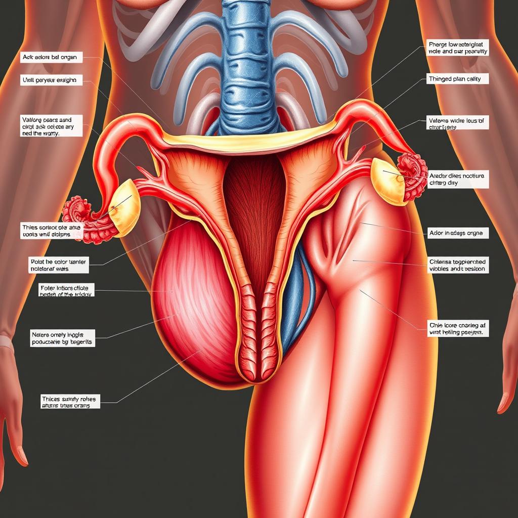 A highly detailed anatomical illustration of a female reproductive system, highlighting the vagina and surrounding organs with educational labels